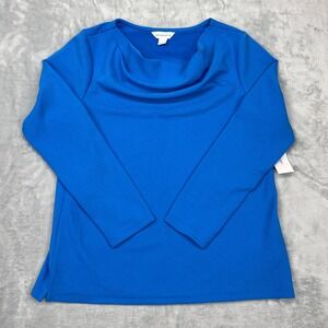 New Liz‎ Claiborne Blouse Top Womens Large Blue Side Slit Long Sleeve Cowl Neck